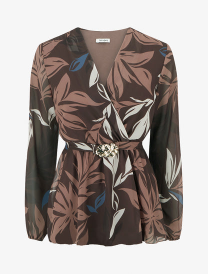 Top cache-coeur imprimé feuillage à bijou floral - Marron - 1