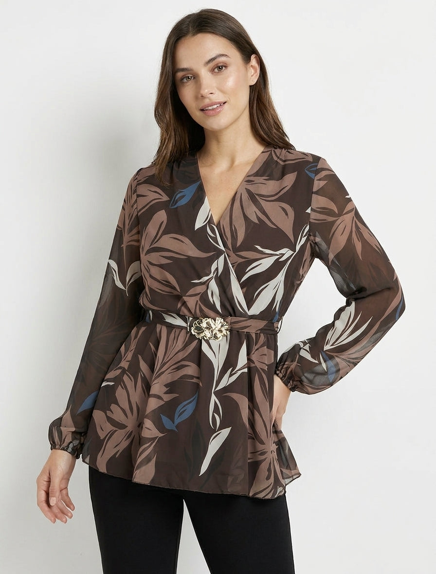 Top péplum cache-cœur à bijou floral - Marron