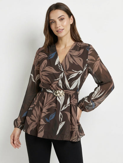 Top péplum cache-cœur à bijou floral - Marron