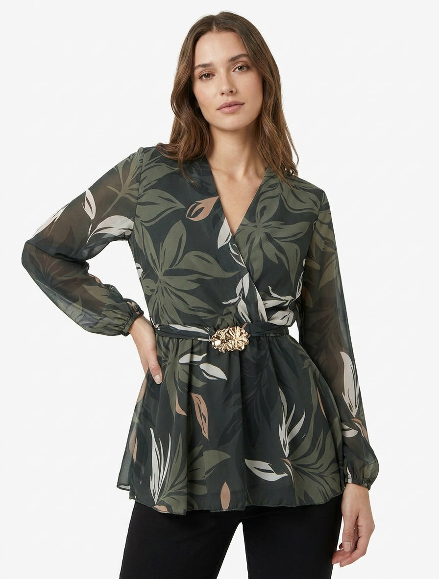 Top péplum cache-cœur à bijou floral - Kaki