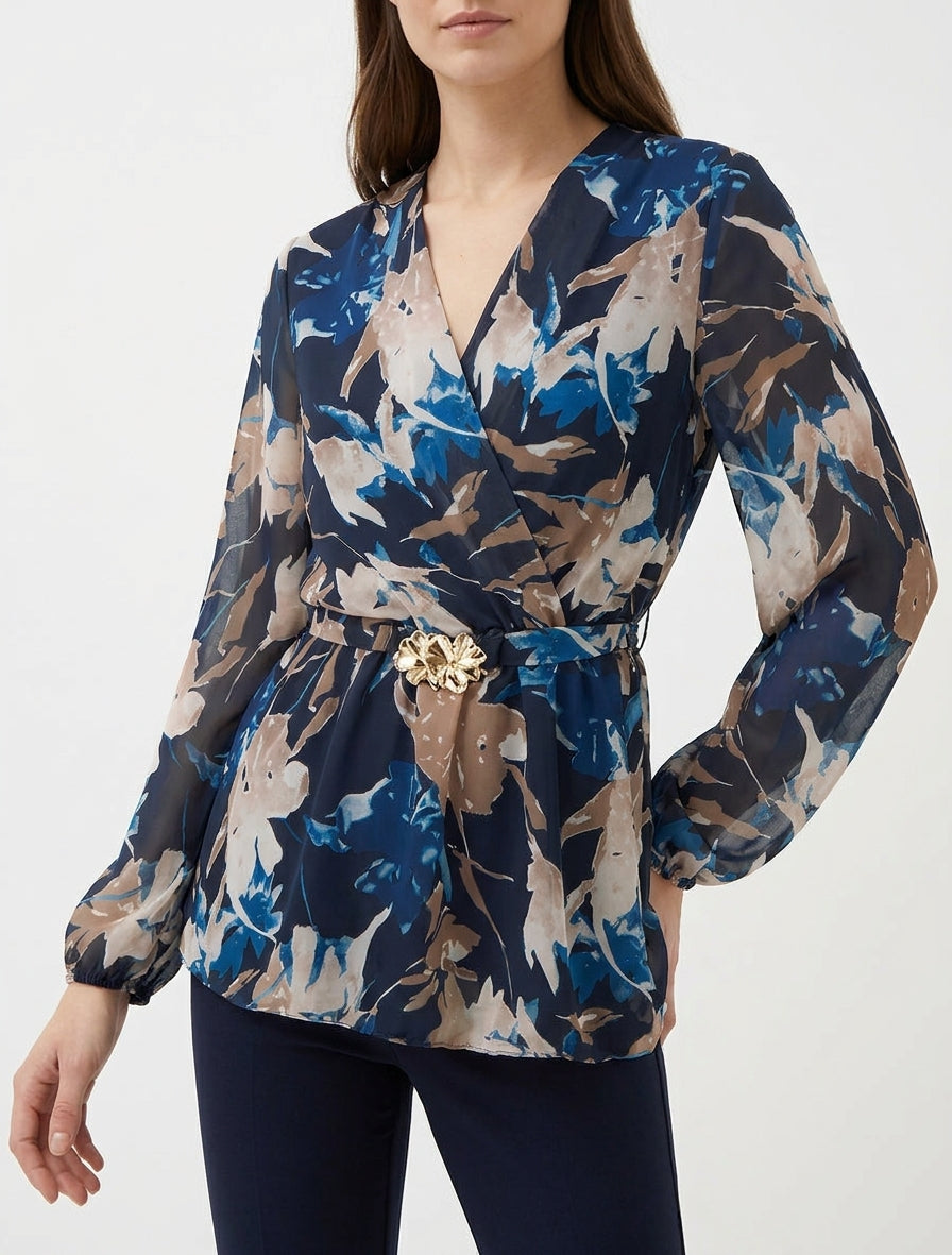 Top cache-cœur péplum à bijou floral - Marine
