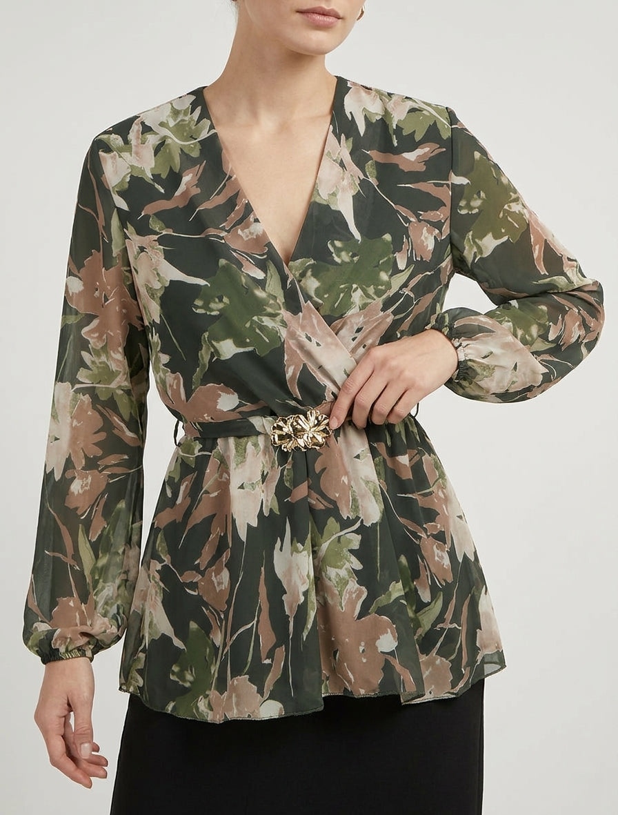 Top péplum cache-cœur à bijou floral - Kaki