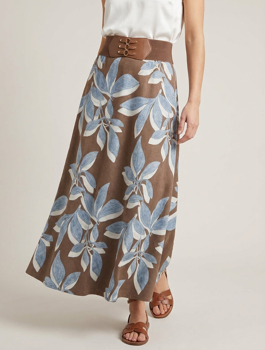 Jupe longue taille haute imprimé feuilles - Marron