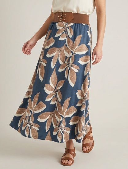 Jupe longue taille haute imprimé feuilles - Marine