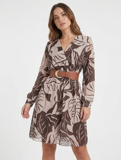 Robe évasée cache-cœur à imprimé - Marron