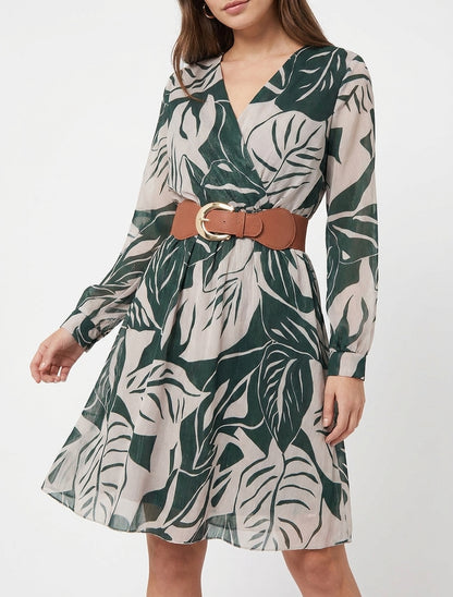Robe évasée cache-cœur à feuilles - Vert foncé