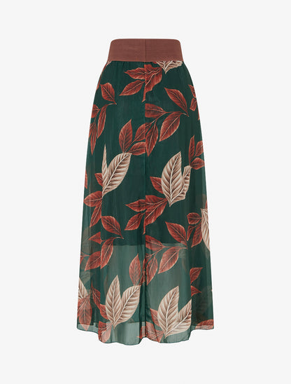 Jupe longue en voile irisé imprimé feuilles - Vert foncé - 2