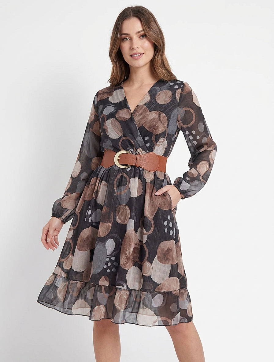 Robe fluide volanté à ceinture - Noir