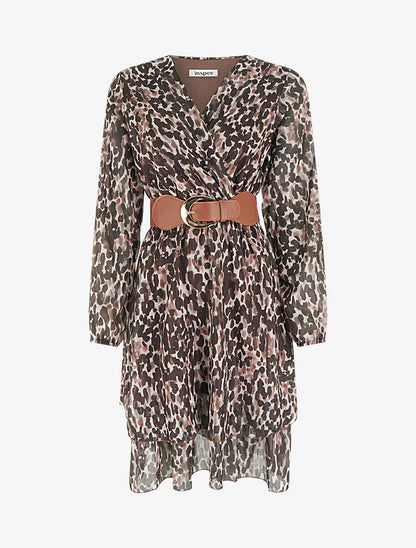 Robe imprimé fantaisie à col cache coeur - Marron - 1