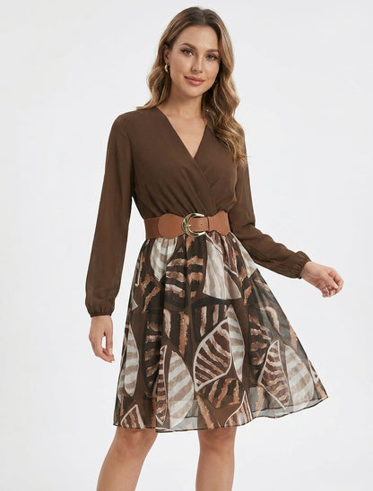 Robe fluide cache-cœur à ceinture - Marron