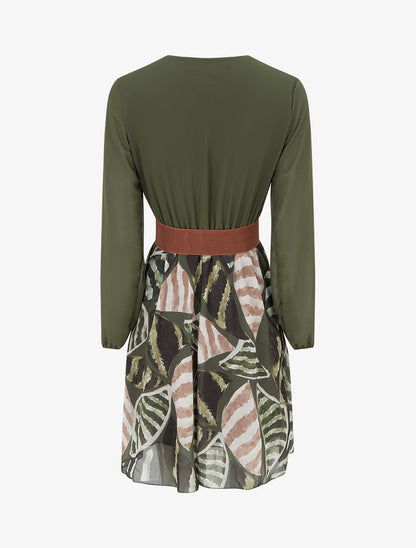 Robe évasée à imprimé feuilles abstraites - Kaki - 2