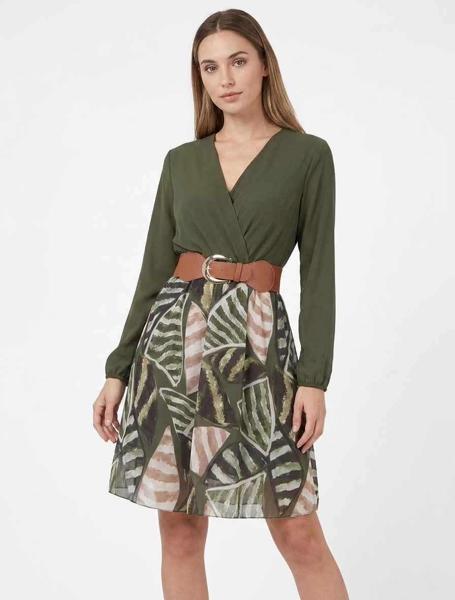 Robe évasée cache-cœur à ceinture - Kaki