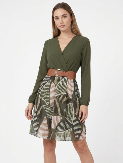 Robe évasée cache-cœur à ceinture - Kaki