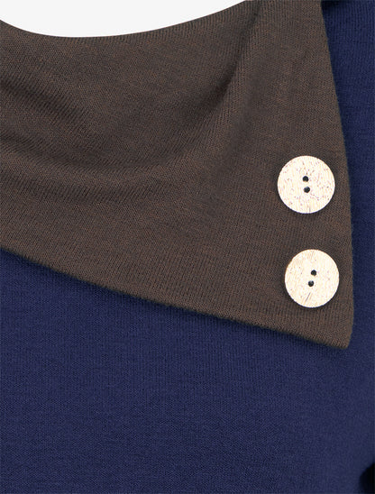 Pull fin bicolore à col drapé asymétrique - Marine/marron - 3