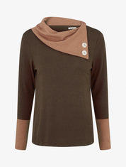 Pull fin bicolore à col drapé asymétrique - Marron/camel - 1