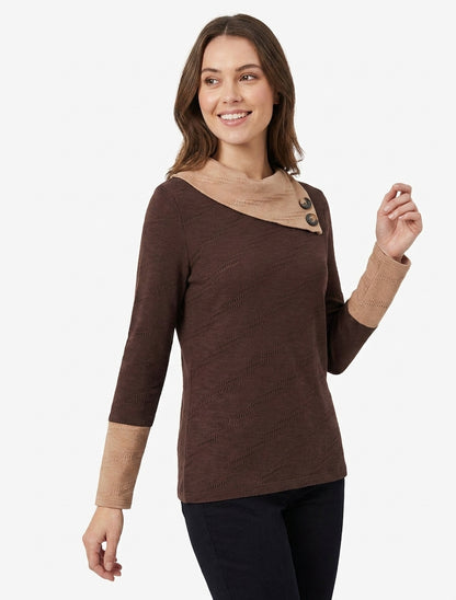 Pull texturé col boutonné - Marron