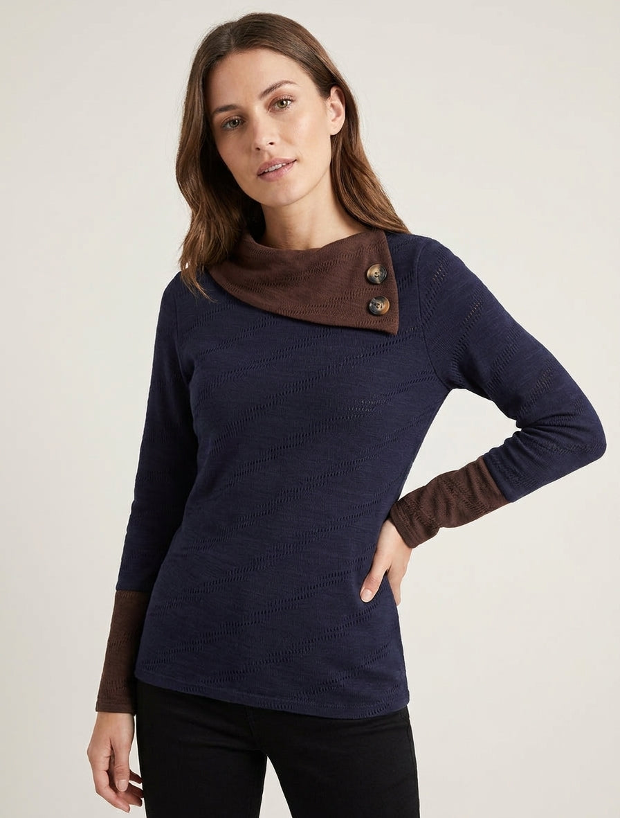 Pull maille texturée col boutonné - Marine