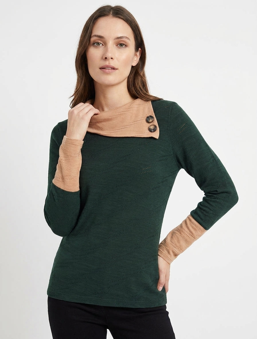 Pull texturé col boutonné - Vert foncé