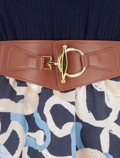 Robe évasée en maille et suédine imprimé ronds stylisés - Marine - 3