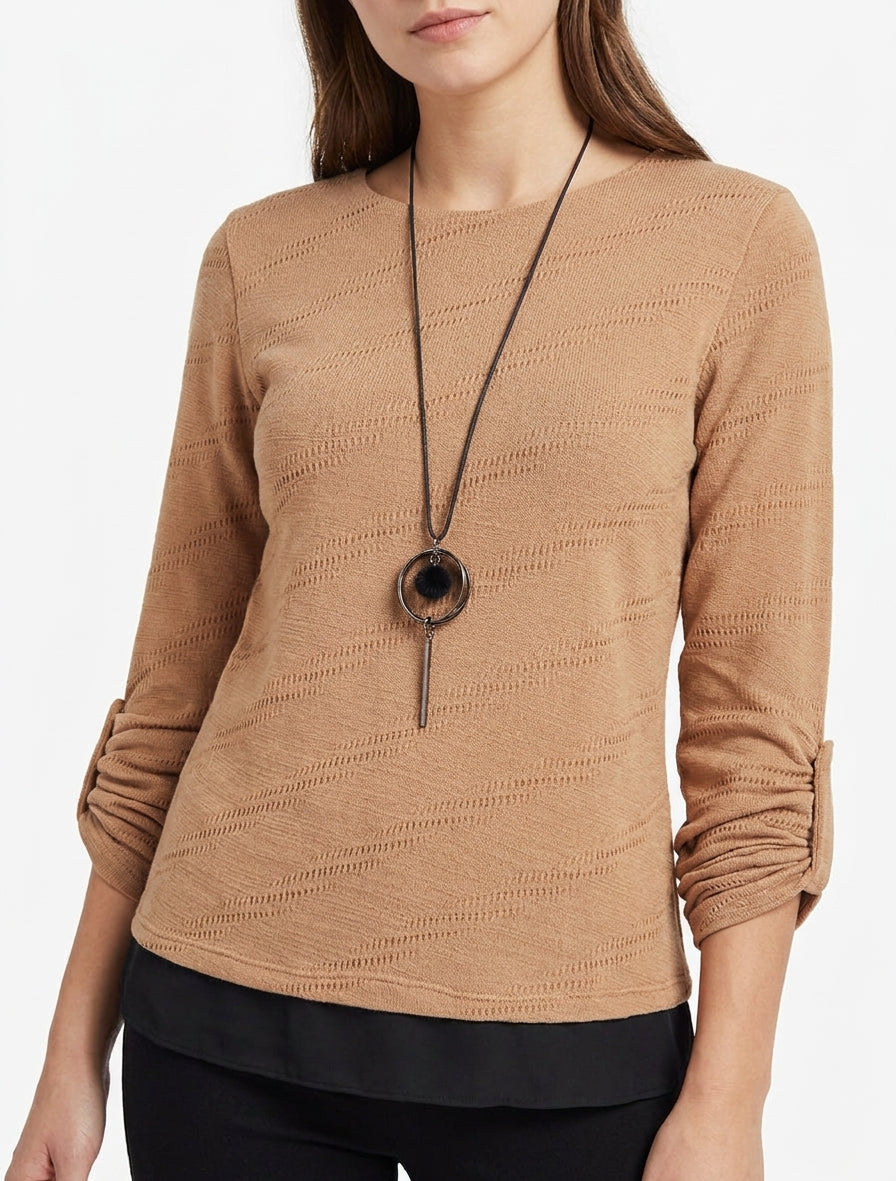 Pull texturé manches retroussables - Camel
