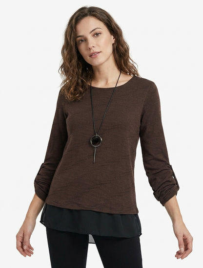 Pull texturé manches retroussables - Marron