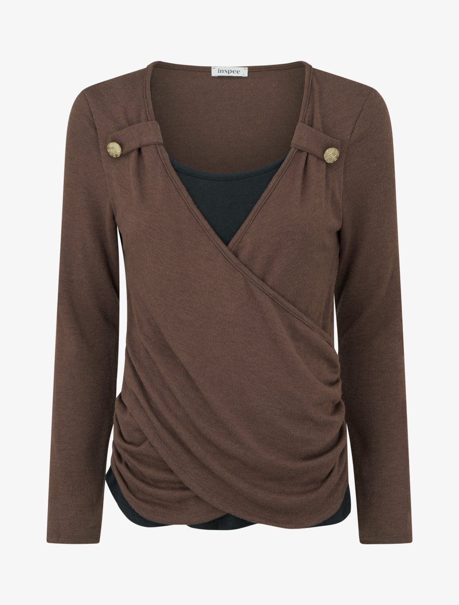 Pull fin uni à boutons décoratifs - Marron - 1