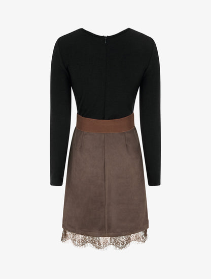 Robe droite en maille et suédine à bords en dentelle - Noir/marron - 2
