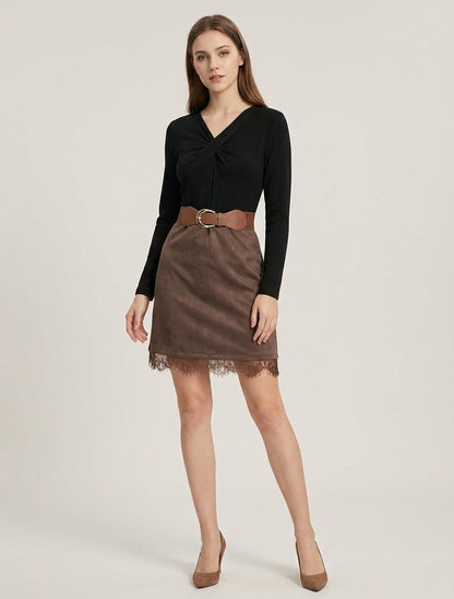 Robe droite bimatière col V torsadé - Noir/marron