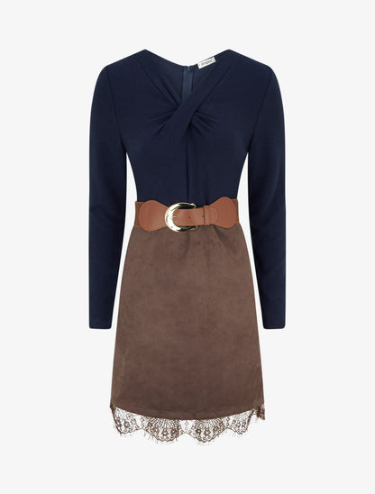 Robe droite en maille et suédine à bords en dentelle - Marron/marine - 1