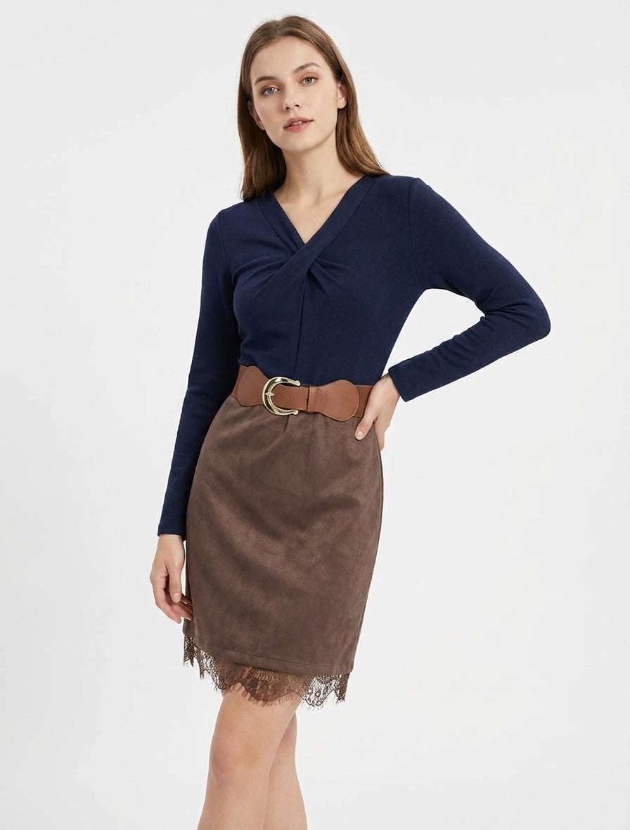 Robe bimatière col V effet torsadé - Marron/marine