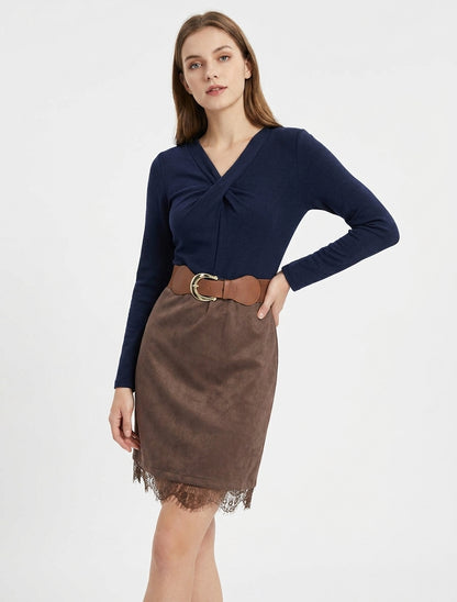 Robe bimatière col V effet torsadé - Marron/marine