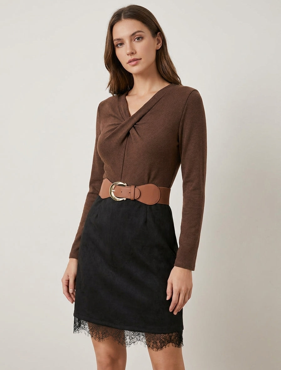 Robe droite bimatière col V torsadé - Marron/noir