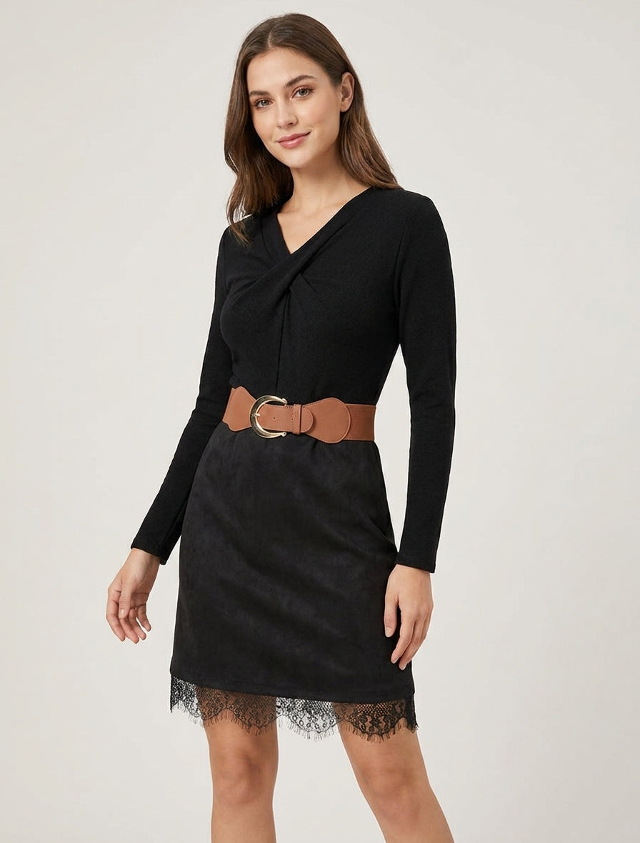 Robe droite bimatière col V torsadé - Noir
