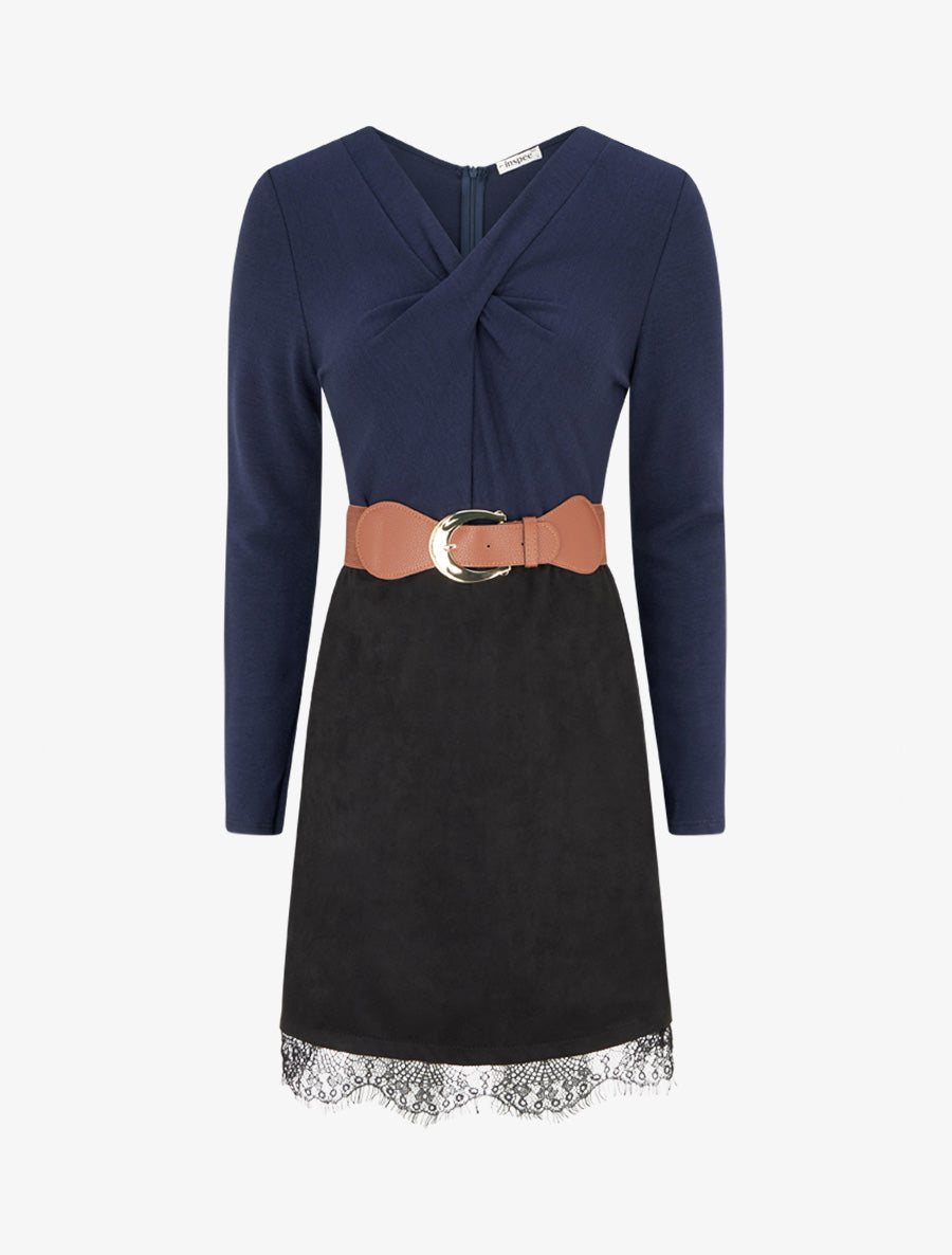 Robe droite en maille et suédine à bords en dentelle - Marine/noir - 1