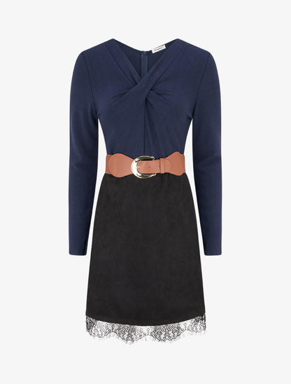 Robe droite en maille et suédine à bords en dentelle - Marine/noir - 1