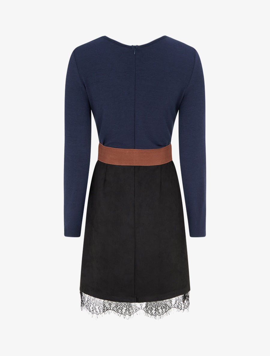 Robe droite en maille et suédine à bords en dentelle - Marine/noir - 2