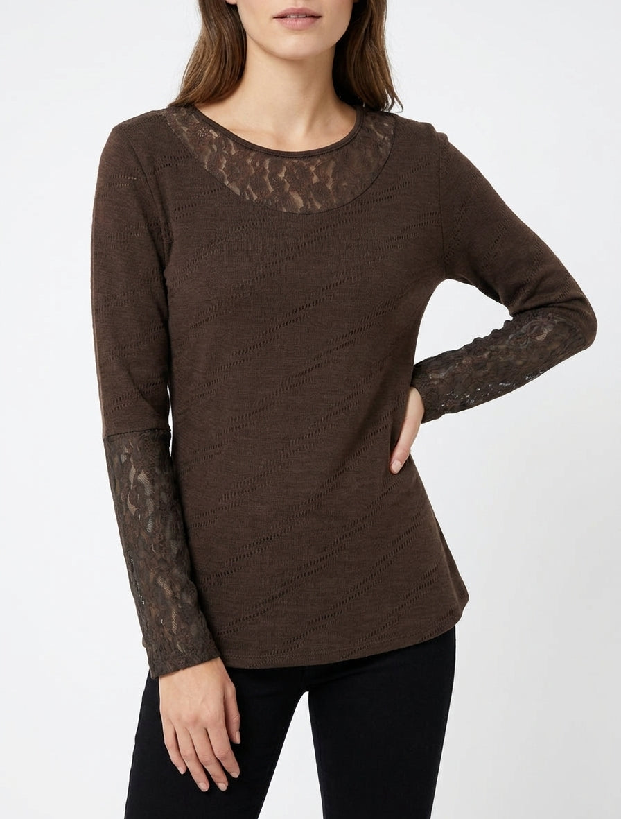 Pull droit en dentelle - Marron