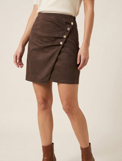 Jupe portefeuille taille haute en suédine - Marron