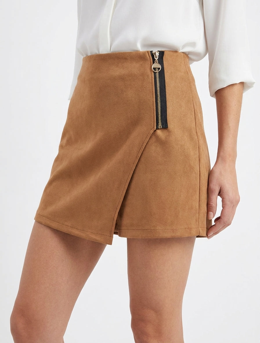 Jupe-short suédine à pans portefeuille - Camel
