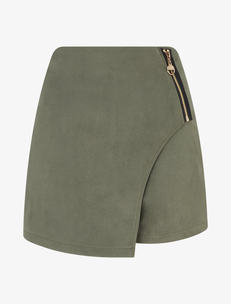 Jupe-short en suédine style portefeuille à zip - Kaki - 1