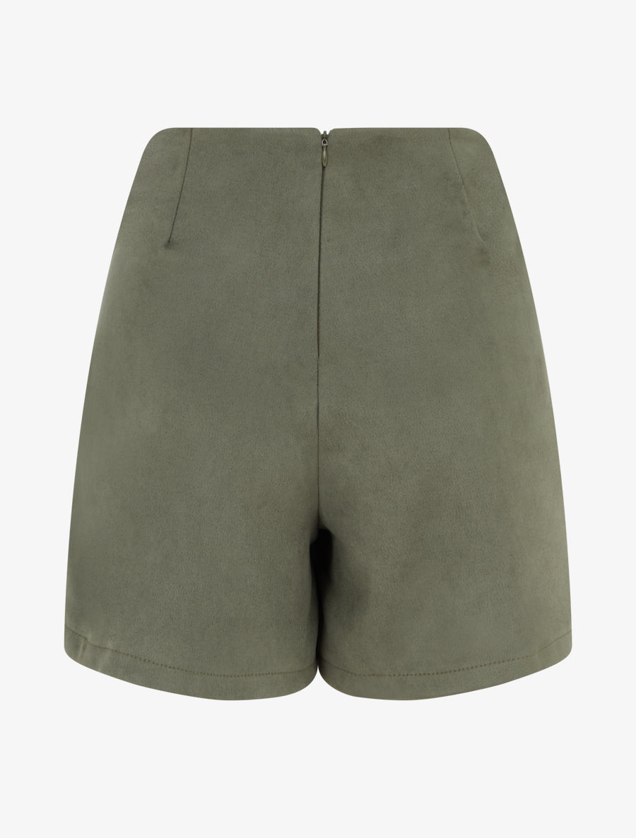 Jupe-short en suédine style portefeuille à zip - Kaki - 2