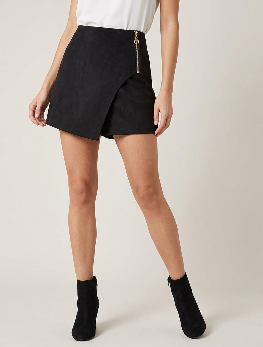 Jupe-short en suédine à pans croisés - Noir