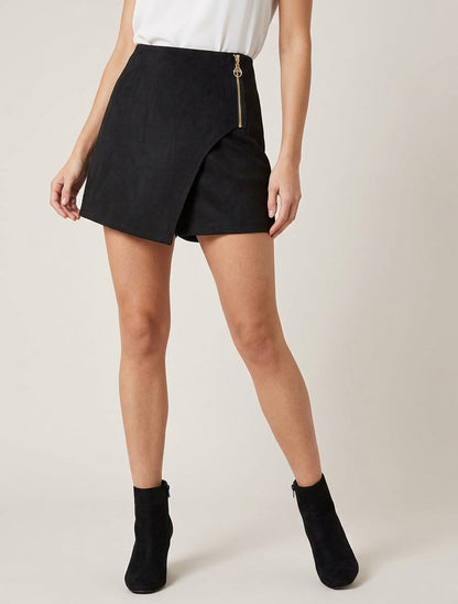 Jupe-short en suédine à pans croisés - Noir
