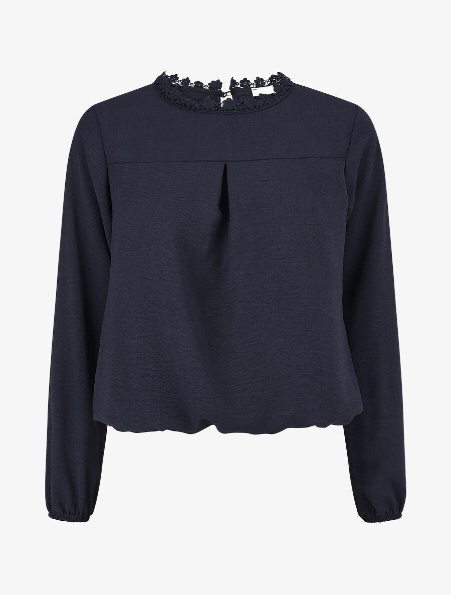 Top uni à col dentelle - Marine - 4
