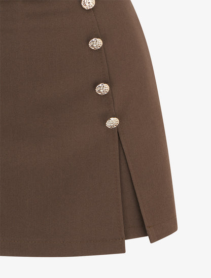 Jupe-short fendue à boutons décoratifs - Marron - 3