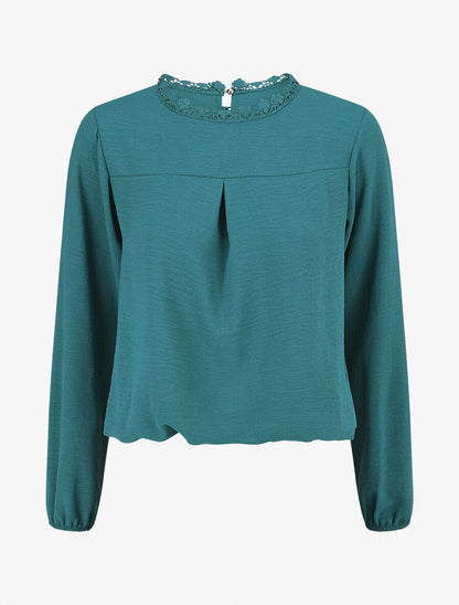 Top uni à col dentelle - Bleu lagon - 1