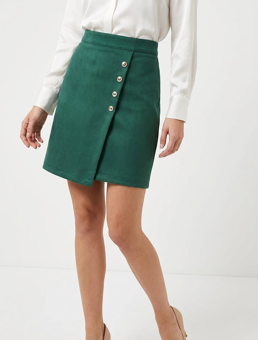 Jupe portefeuille taille haute en suédine - Vert