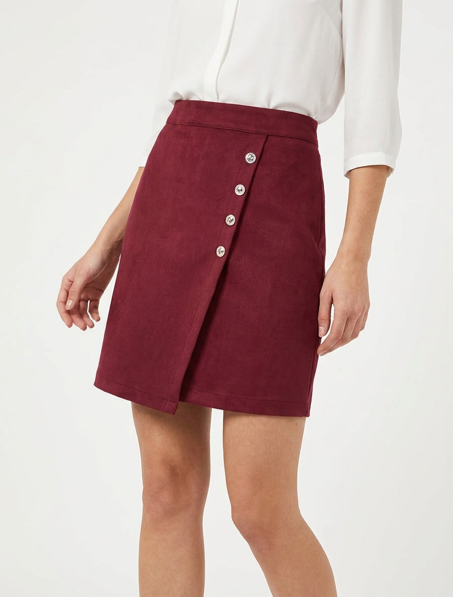 Jupe en suédine taille haute portefeuille - Bordeaux