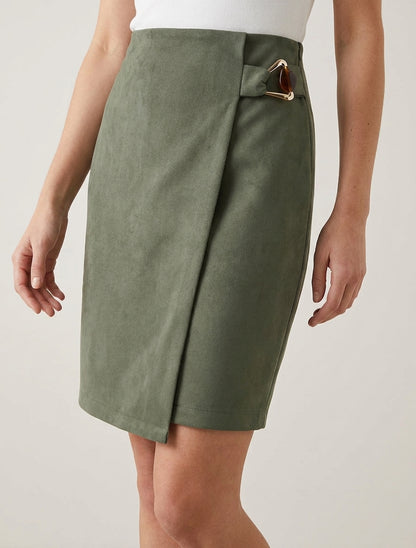 Jupe portefeuille taille haute suédine - Kaki
