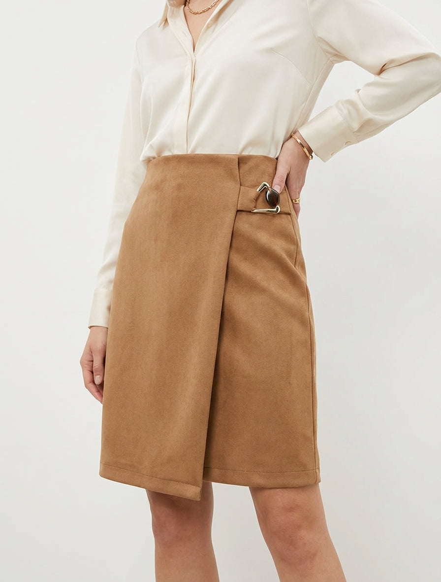 Jupe portefeuille en suédine taille haute - Camel